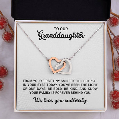 To Our Granddaughter - Birthday, Graduation, Christmas Gift Gold Interlocking Hearts Necklace  With Heartfelt Message Card
