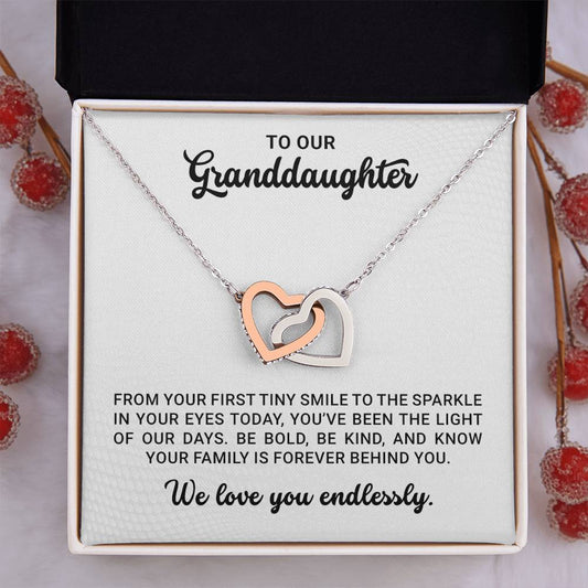To Our Granddaughter - Birthday, Graduation, Christmas Gift Gold Interlocking Hearts Necklace  With Heartfelt Message Card