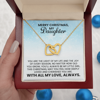 Merry Christmas Daughter Gift - Linked Hearts Gold Pendant Necklace  With Heartfelt Message Card