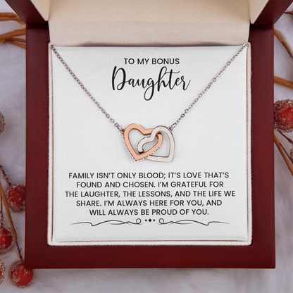 My Bonus Daughter  - Christmas, Birthday, Special Occasion Linked Hearts Gold Pendant Neclace  With Heartfelt Message Card