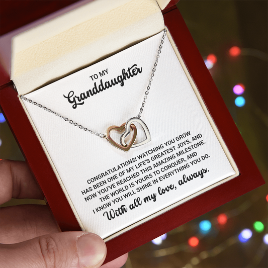 Gift For Granddaughter - Birthday, Christmas, Graduation, Special Occasion Linked Hearts Gold Necklace  With Heartfelt Message Card