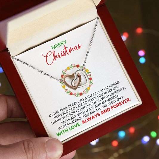 Merry Christmas Wife, Girlfriend, Soulmate Linked Hearts Gold Pendant Necklace  With Heartfelt Message Card