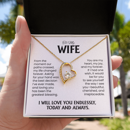To My Wife Gift For Christmas, Anniversary, Birthday - Forever Love Gold Heart Pendant Necklace  With Heartfelt Message Card