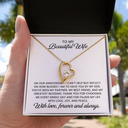 Beautiful Wife Anniversary Gift, Forever Love Gold Pendant Necklace  With Heartfelt Message Card
