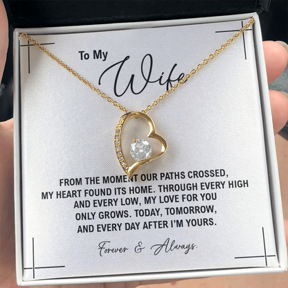 To My Wife - Birthday, Anniversary, Christmas Forever Love Gold Heart Necklace  With Heartfelt Message Card