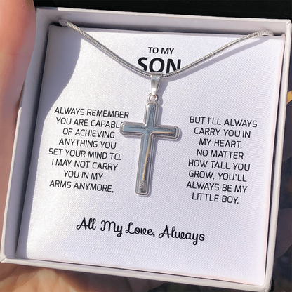 To My Son Gift For Christmas, Birthday, Graduation - Artisan Cross Necklace In Gold Or Stainless Steel  With Heartfelt Message Card