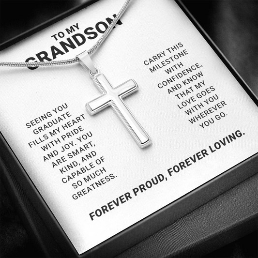 To My Grandson - Graduation Special Occasion Gold Cross Necklace  With Heartfelt Message Card