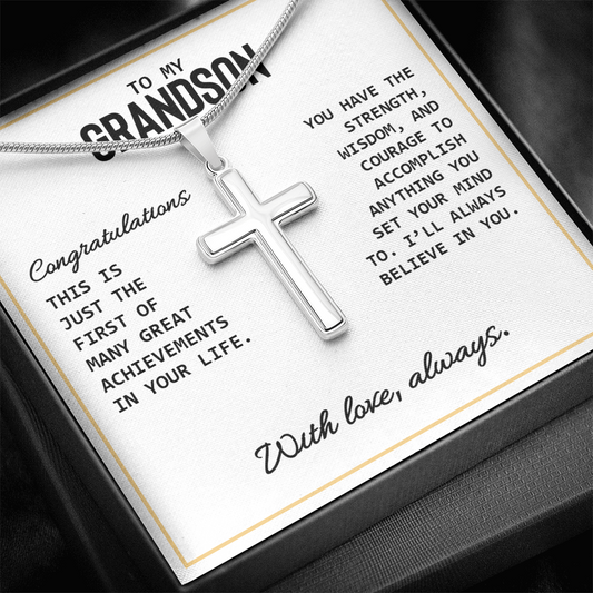 To My Grandson - High School Or College Graduation Or Special Achievement Gift, Men's Cross Necklace  With Heartfelt Message Card