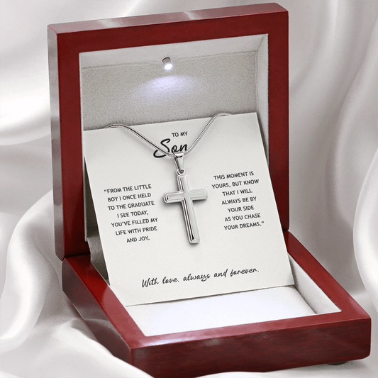 To My Son - Graduation Gold Cross Necklace  With Heartfelt Message Card