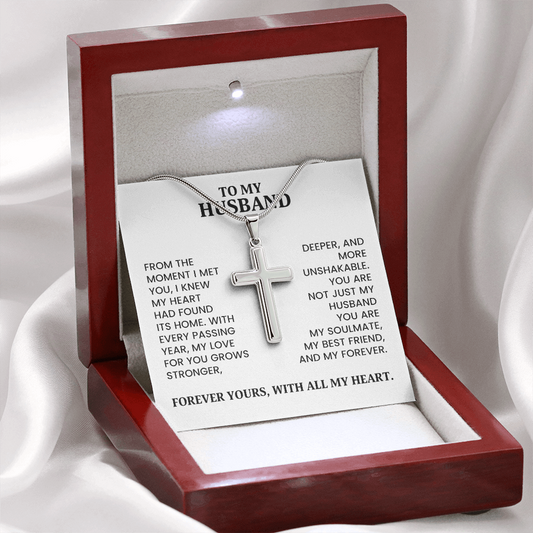 To My Husband - Christmas, Anniversary, Birthday Gift, Artisan Cross Gold Necklace  With Heartfelt Message Card