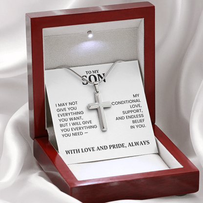 To My Son Christmas, Birthday Gift - Artisan Cross Gold Necklace  With Heartfelt Message Card