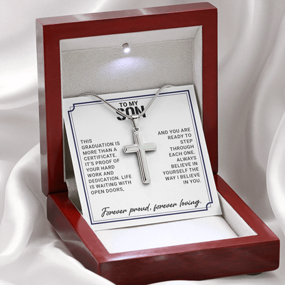 To My Son - High School Or College Graduation Gift From Mom Or Dad, Men's Cross Necklace  With Heartfelt Message Card