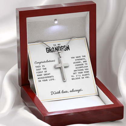 To My Grandson - High School Or College Graduation Or Special Achievement Gift, Men's Cross Necklace  With Heartfelt Message Card