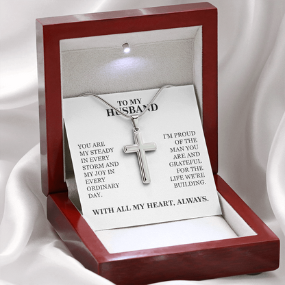 To My Husband - Christmas, Anniversary, Birthday, Special Occasion Gold Cross Necklace  With Heartfelt Message Card