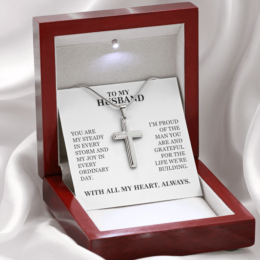 To My Husband - Christmas, Anniversary, Birthday, Special Occasion Gold Cross Necklace  With Heartfelt Message Card