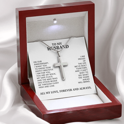 To My Husband Anniversary Gift - Gold Artisan Cross Necklace  With Heartfelt Message Card