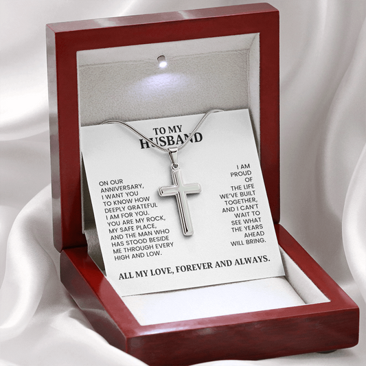 To My Husband Anniversary Gift - Gold Artisan Cross Necklace  With Heartfelt Message Card