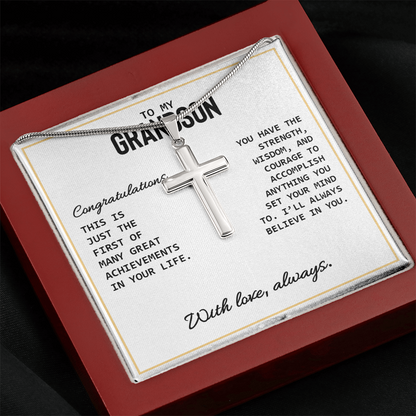 To My Grandson - High School Or College Graduation Or Special Achievement Gift, Men's Cross Necklace  With Heartfelt Message Card