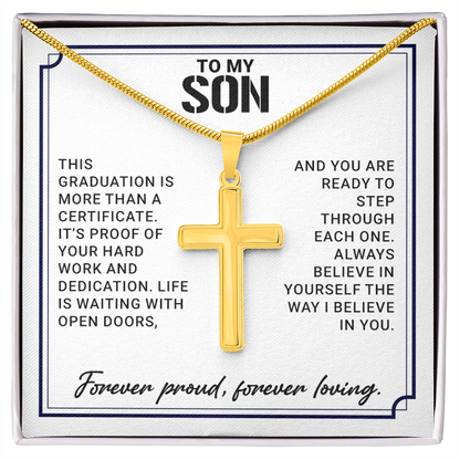 To My Son - High School Or College Graduation Gift From Mom Or Dad, Men's Cross Necklace  With Heartfelt Message Card