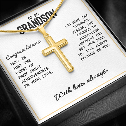 To My Grandson - High School Or College Graduation Or Special Achievement Gift, Men's Cross Necklace  With Heartfelt Message Card
