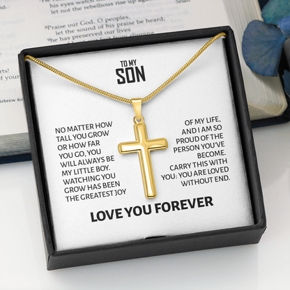 To My Son Gift For Christmas, Birthday, Graduation - Artisan Cross Gold Or Stainless Steel Necklace  With Heartfelt Message Card