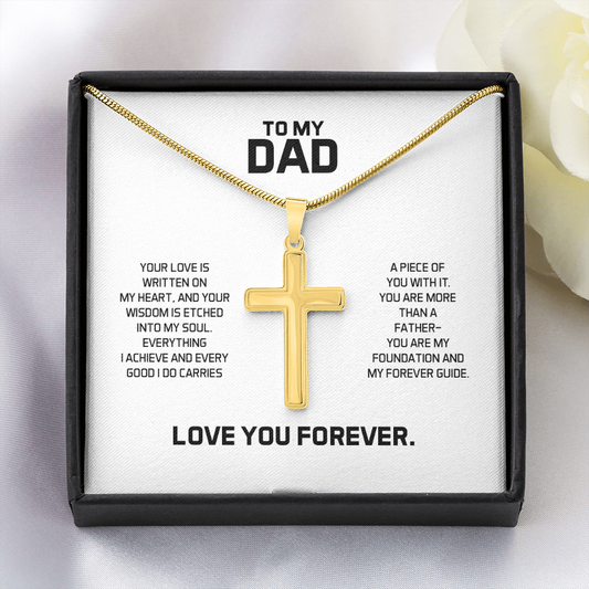 To My Dad Gift For Christmas, Birthday, Special Occasion - Artisan Cross Necklace In Gold Or Stainless Steel  With Heartfelt Message Card