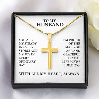 To My Husband - Christmas, Anniversary, Birthday, Special Occasion Gold Cross Necklace  With Heartfelt Message Card