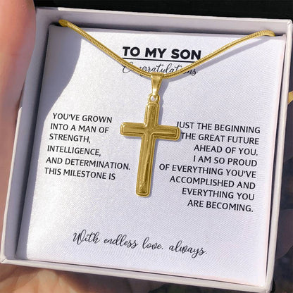 To My Son - Graduation Gift From Mom or Dad, High School or College Graduation Gift, Men's Cross Necklace  With Heartfelt Message Card