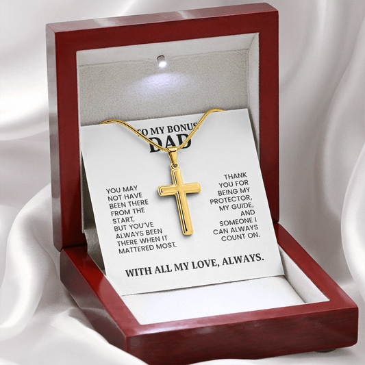 Bonus Dad Gift For Christmas, Birthday, Special Occasion - Artisan Cross Necklace In Gold Or Stainless Steel  With Heartfelt Message Card
