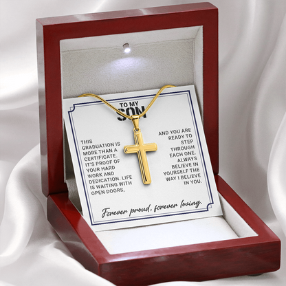 To My Son - High School Or College Graduation Gift From Mom Or Dad, Men's Cross Necklace  With Heartfelt Message Card