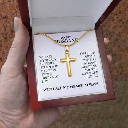 To My Husband - Christmas, Anniversary, Birthday, Special Occasion Gold Cross Necklace  With Heartfelt Message Card
